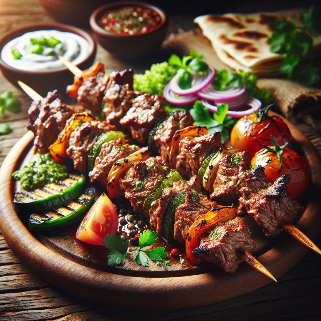 Grilled Croatian lamb skewers served with fresh herbs and lemon