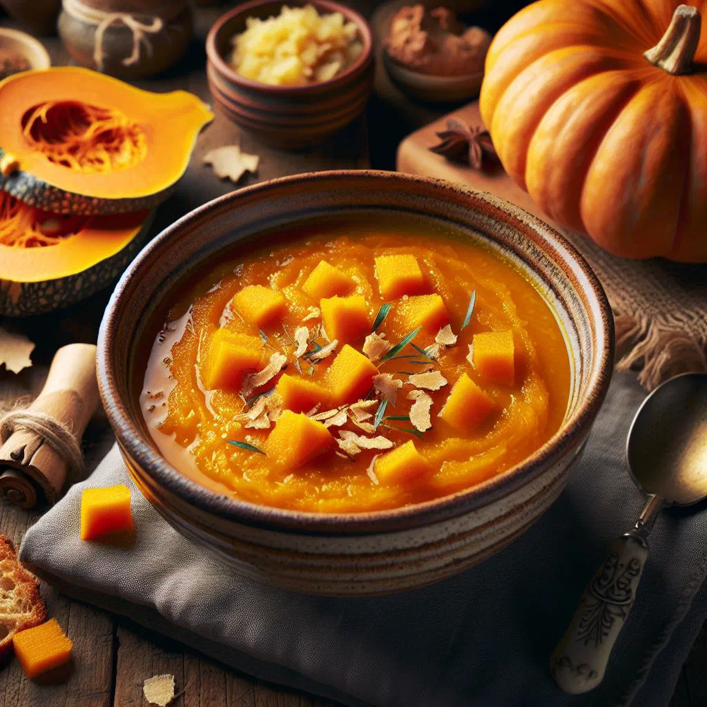Creamy Croatian pumpkin and ginger soup garnished with roasted seeds