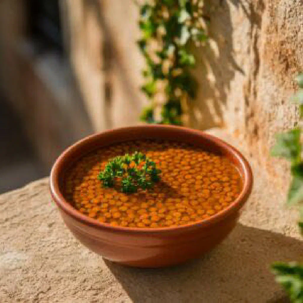 A bowl of Croatian lentil soup garnished with fresh parsley