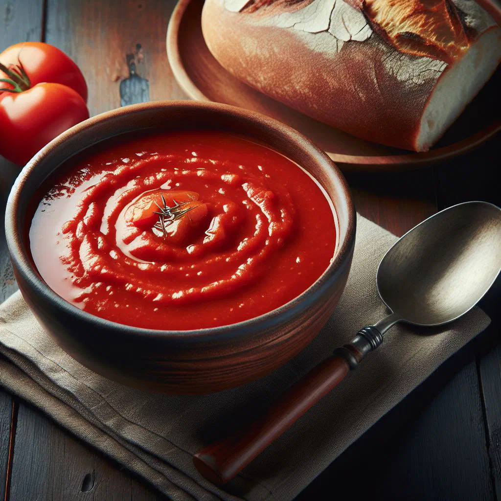 Bowl of creamy Croatian tomato soup garnished with fresh basil