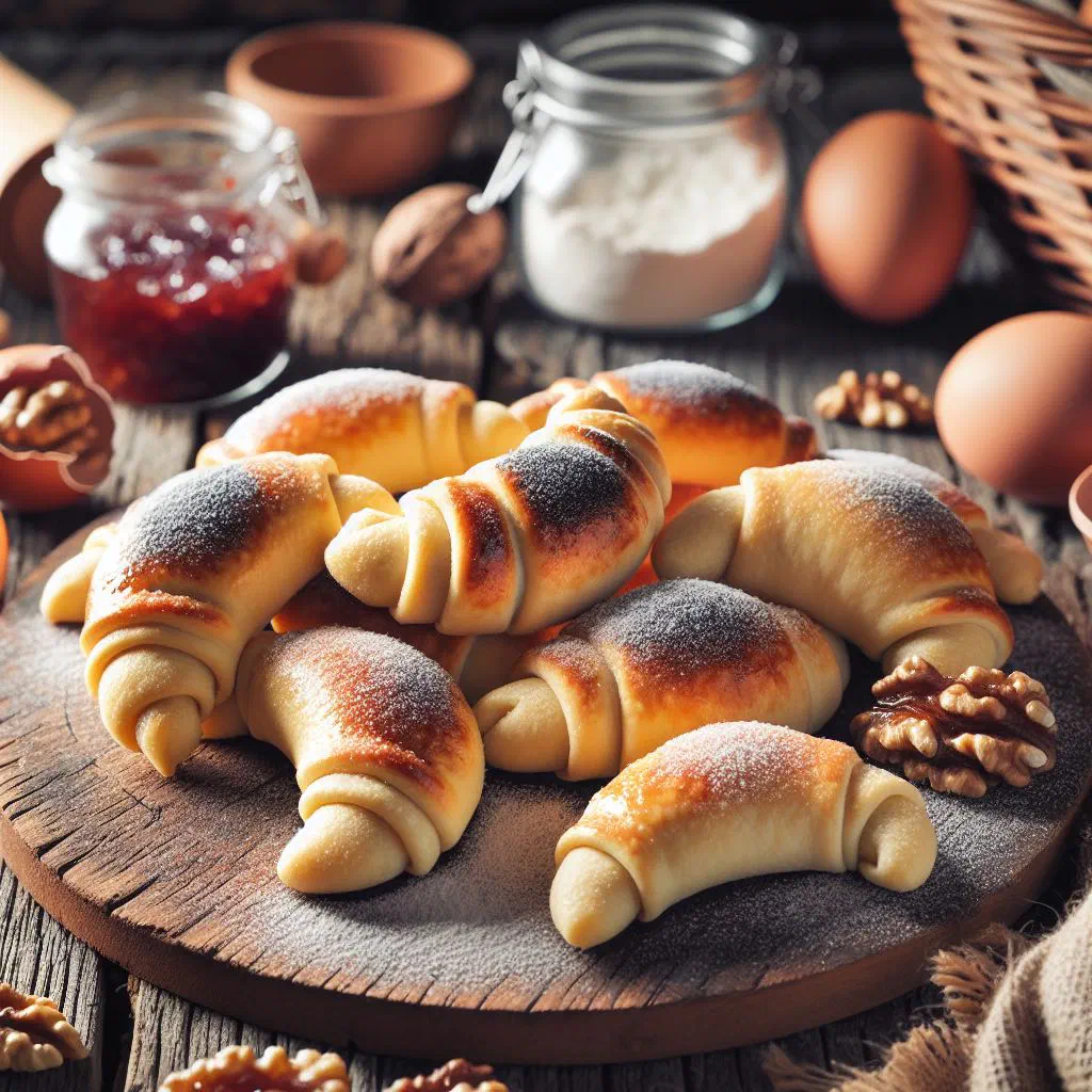 Golden baked Croatian kiflice crescent rolls dusted with sugar