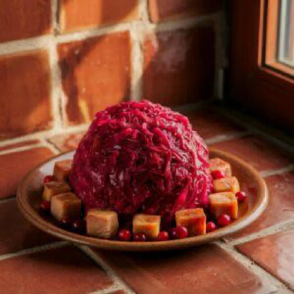 Bowl of fermented sauerkraut Kiseli Kupus garnished with fresh herbs