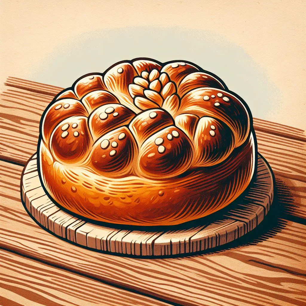Rustic loaf of Kornatski kruh with a golden crust, sliced on a wooden board