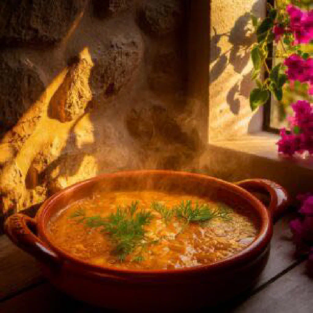 Kotlovina with tender meat, peppers and carrots in a large pan