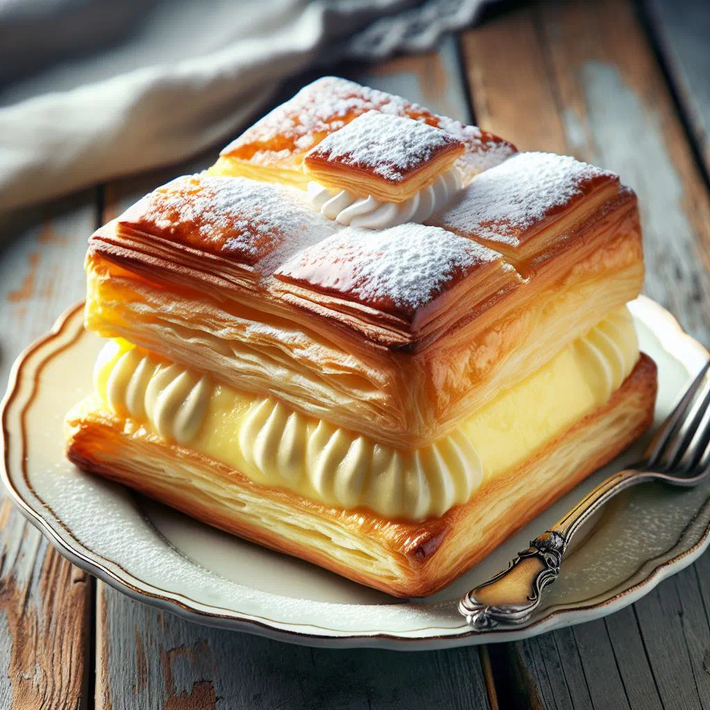 Slice of kremsnite with golden puff pastry, thick vanilla custard and a dusting of icing sugar
