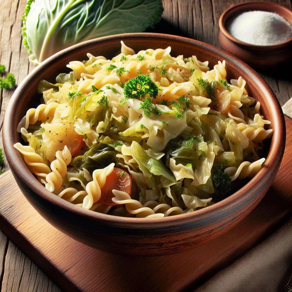 Croatian krpice sa zeljem with pasta squares, cabbage and crispy bacon