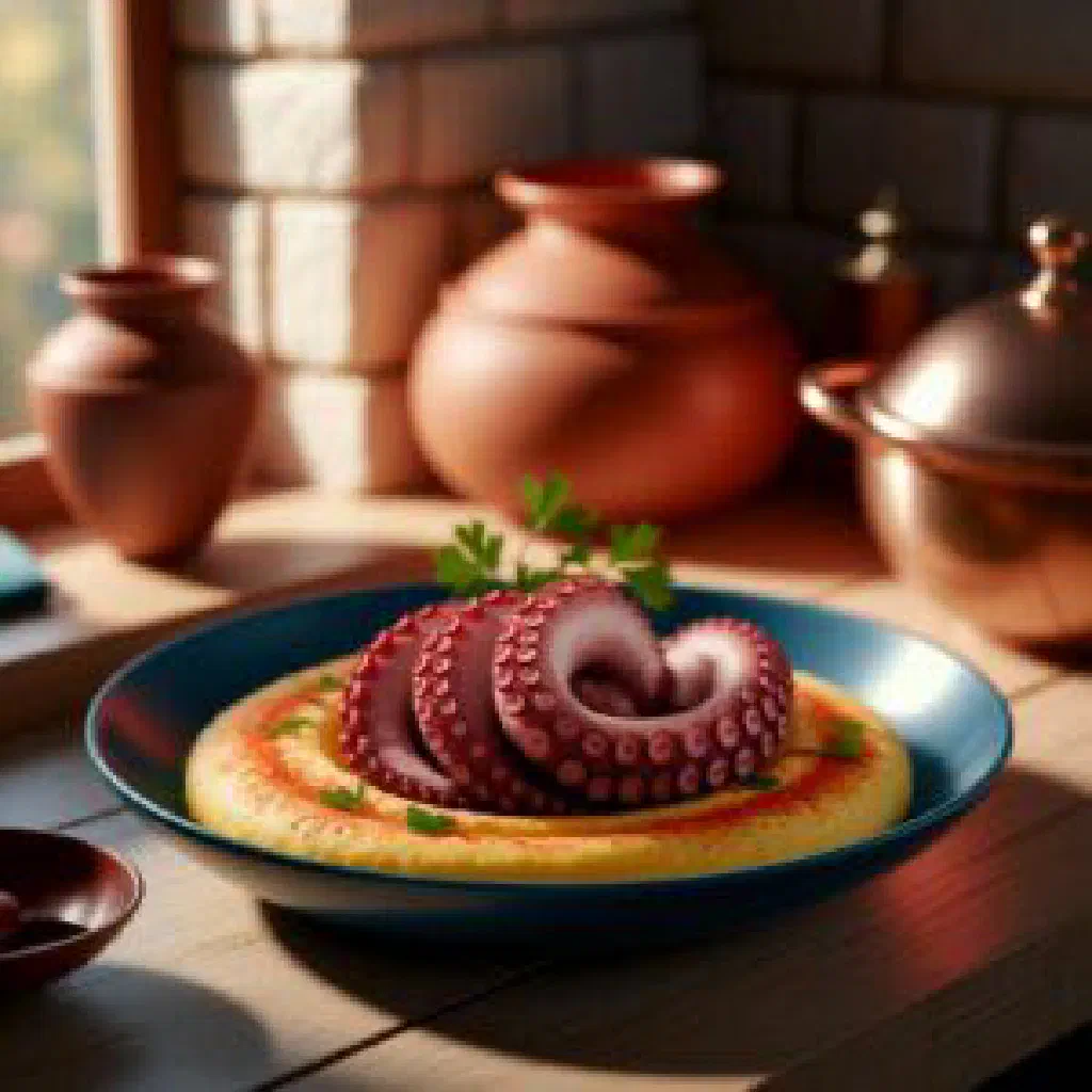 Boiled octopus with potatoes, olive oil and parsley on a plate