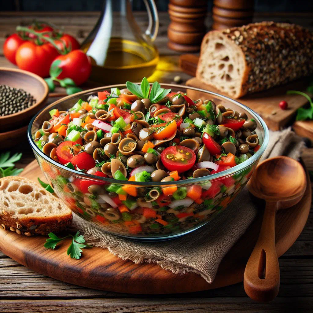 Croatian lentil salad with peppers, carrot and fresh herbs in a bowl
