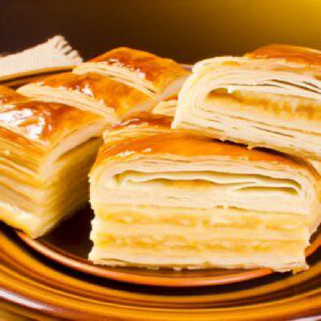 Slice of Madarica layered Croatian dessert topped with chopped walnuts