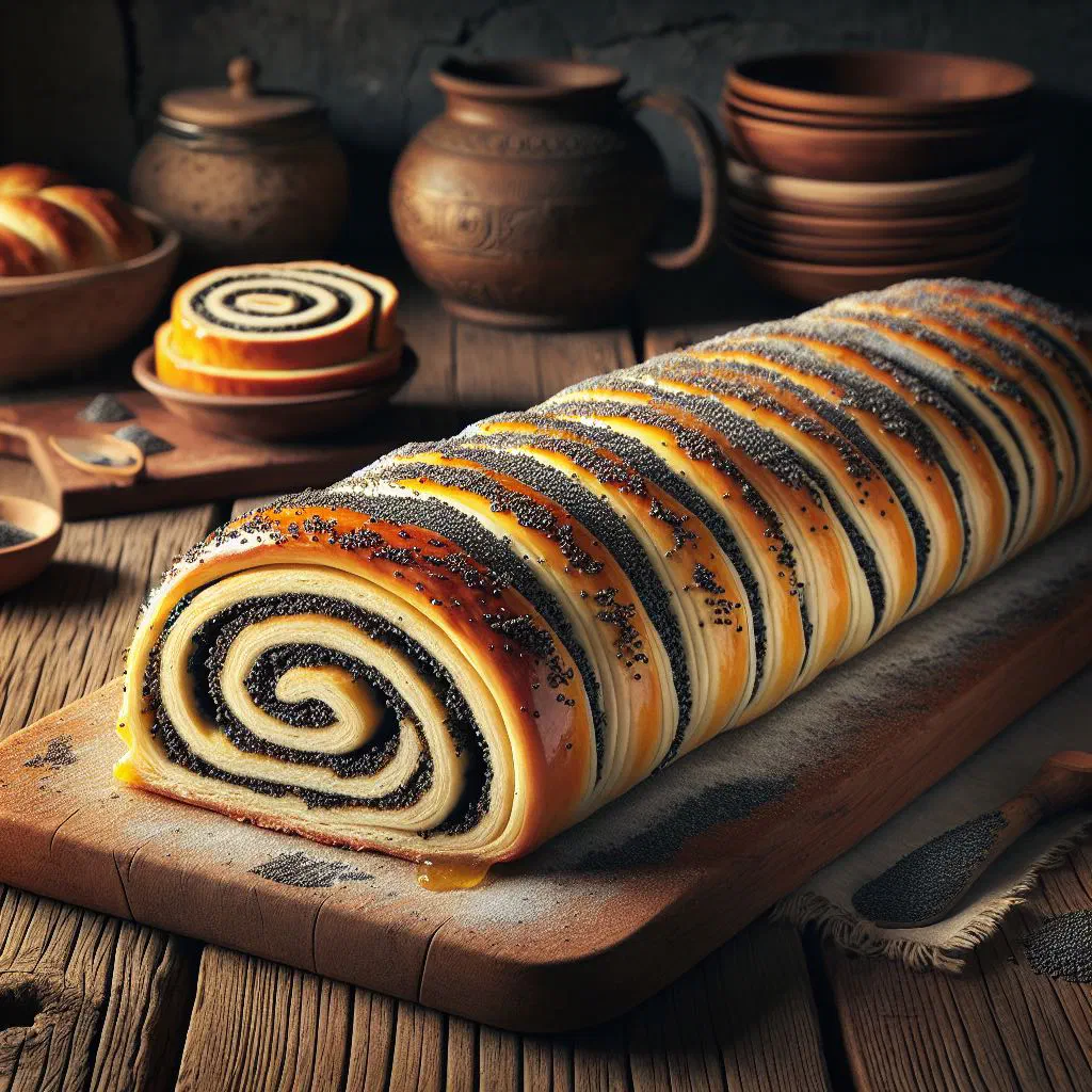 Sliced Croatian poppy seed roll dusted with icing sugar