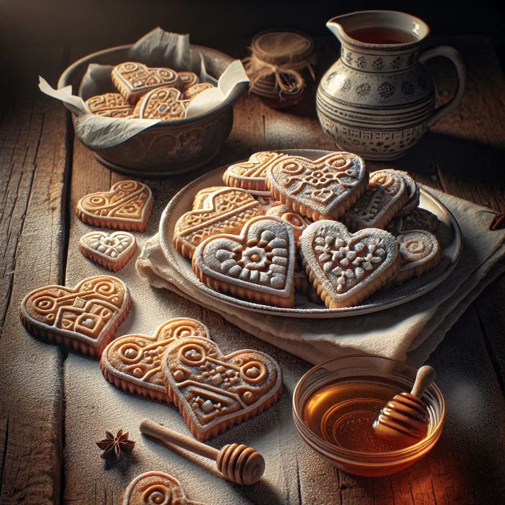 Golden Croatian honey biscuits dusted with icing sugar