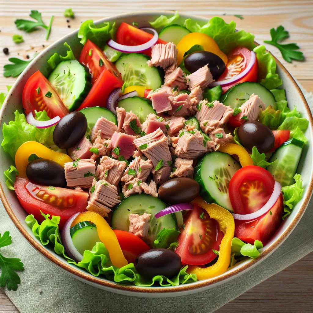 Croatian mixed tuna salad with peppers, olives and red onion in a bowl