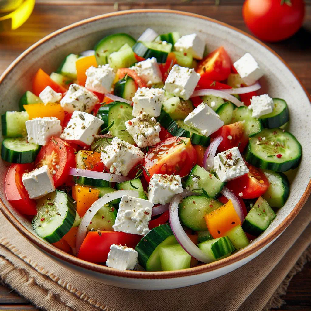 Colourful mixed vegetable salad with crumbled feta cheese in a bowl
