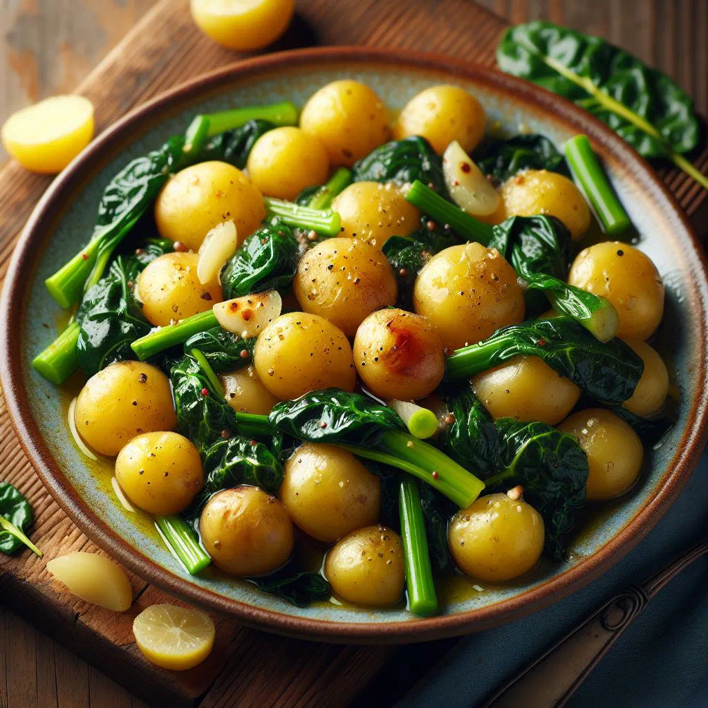New potatoes and Swiss chard tossed with olive oil and garlic