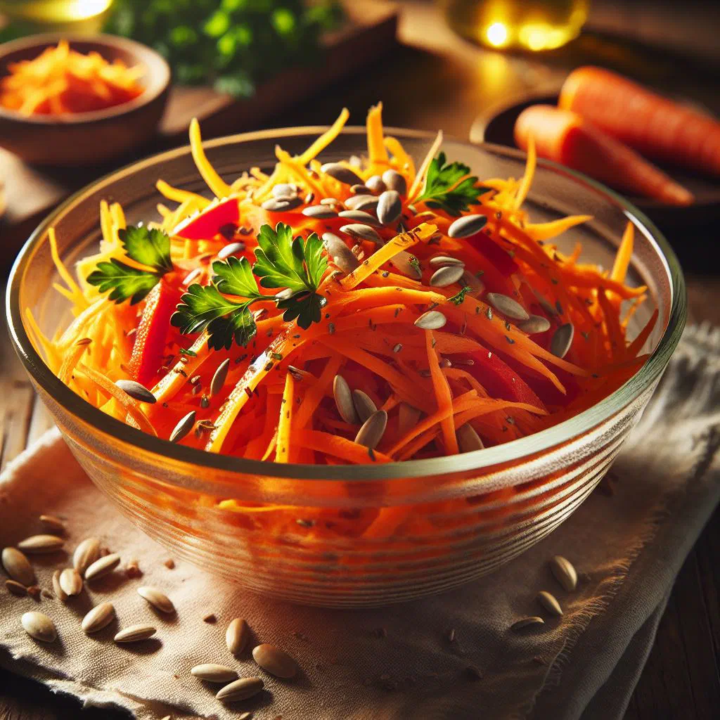 Bowl of grated Croatian carrot salad garnished with parsley