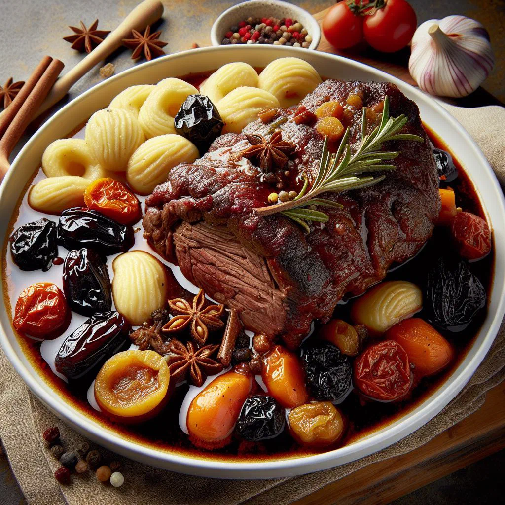 Tender braised pasticada beef in rich sauce served with soft gnocchi