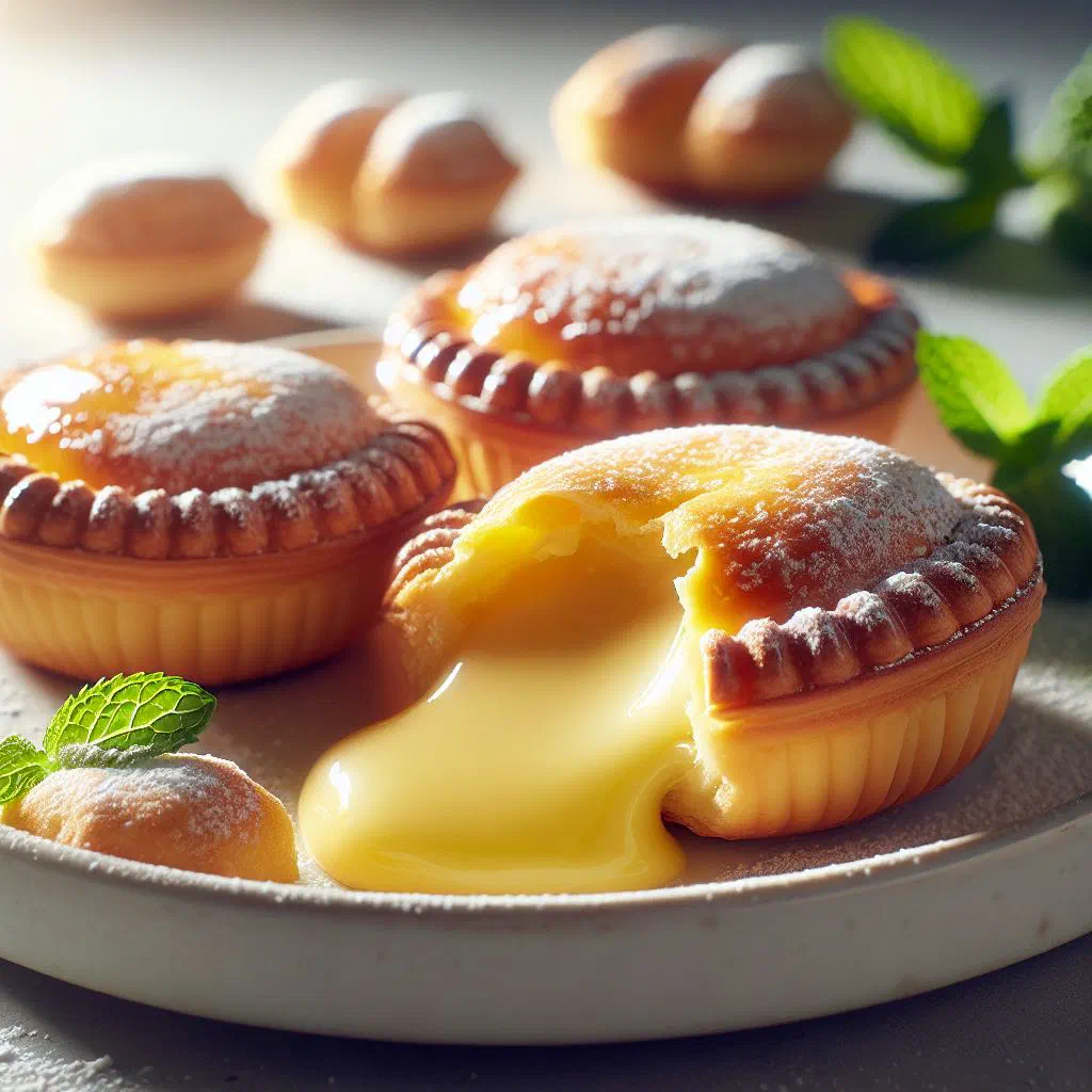 Golden filled pasticciotti pastries dusted with icing sugar