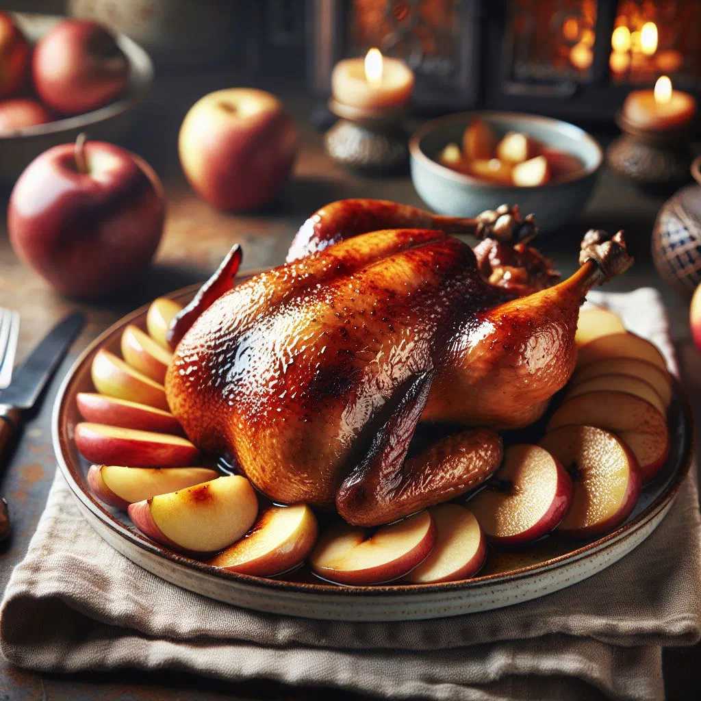 Sliced roast duck breast served with caramelised apples and fresh herbs