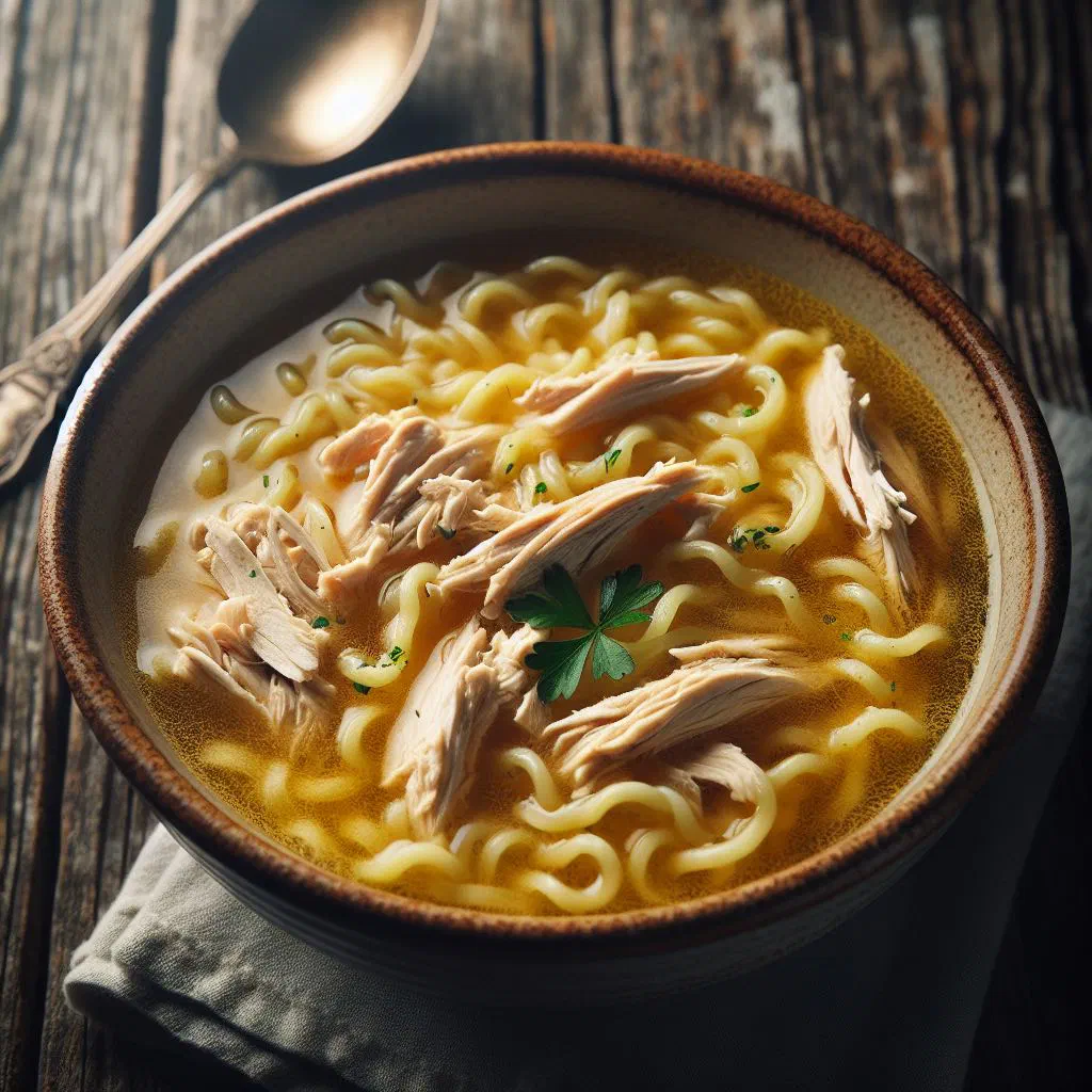 Croatian chicken noodle soup with thin noodles, vegetables and fresh parsley