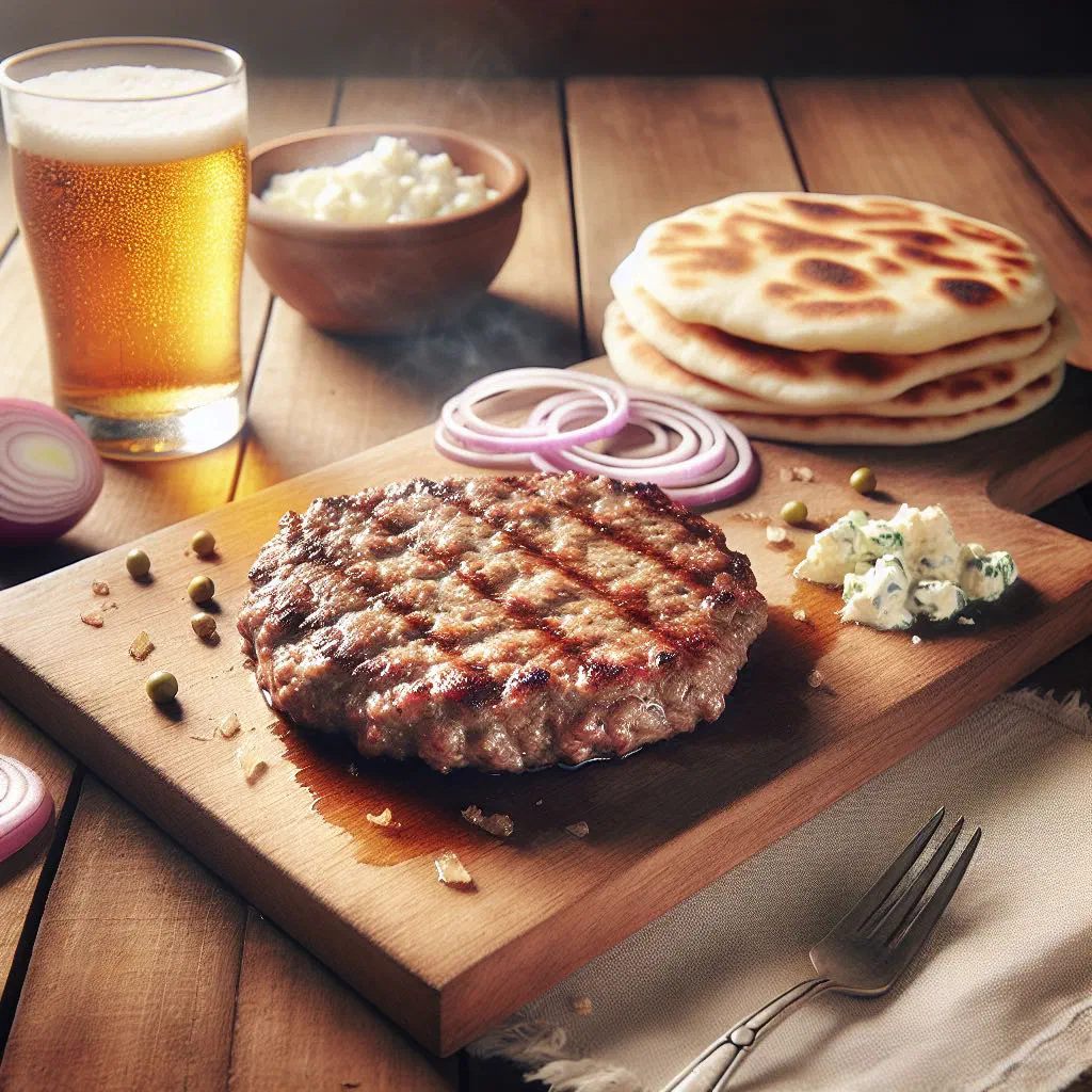Grilled pljeskavica patty served with onions, peppers and bread