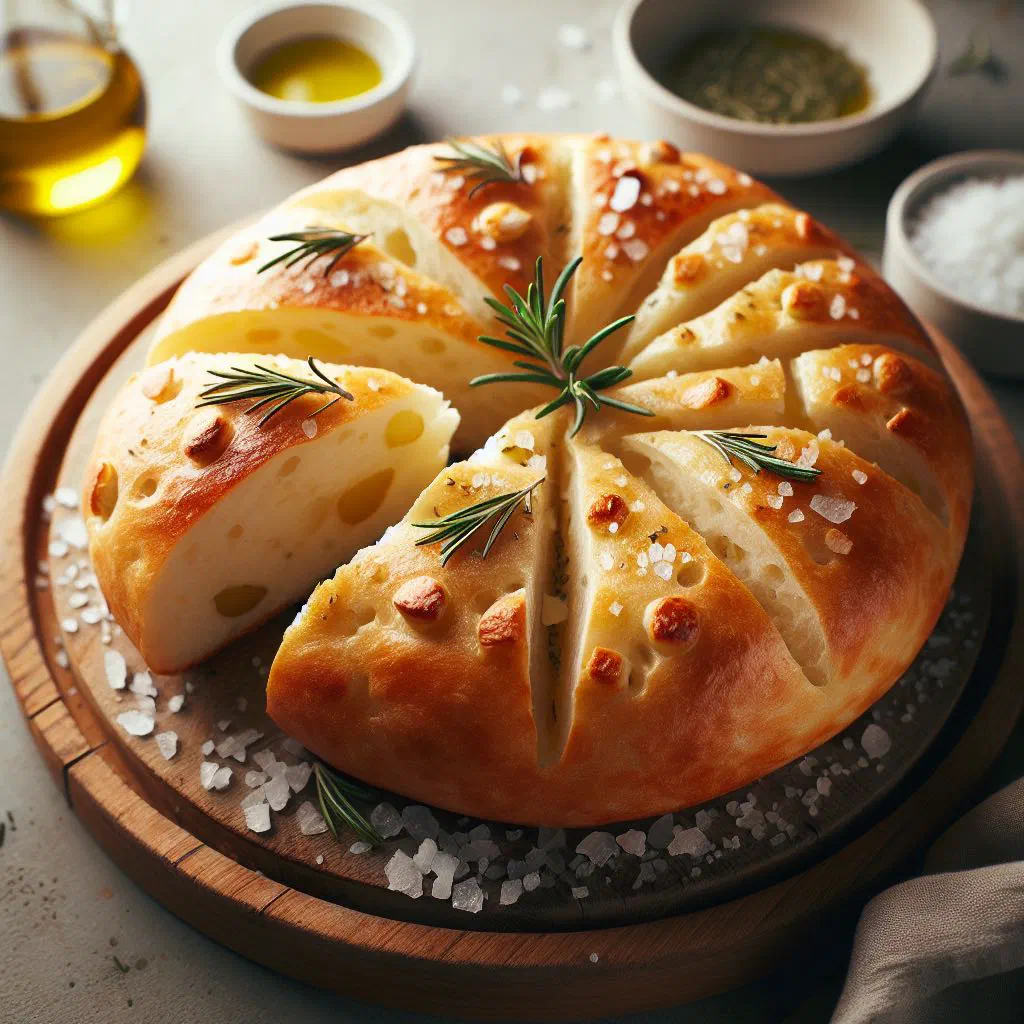 Golden-baked Croatian potato pogača garnished with fresh herbs