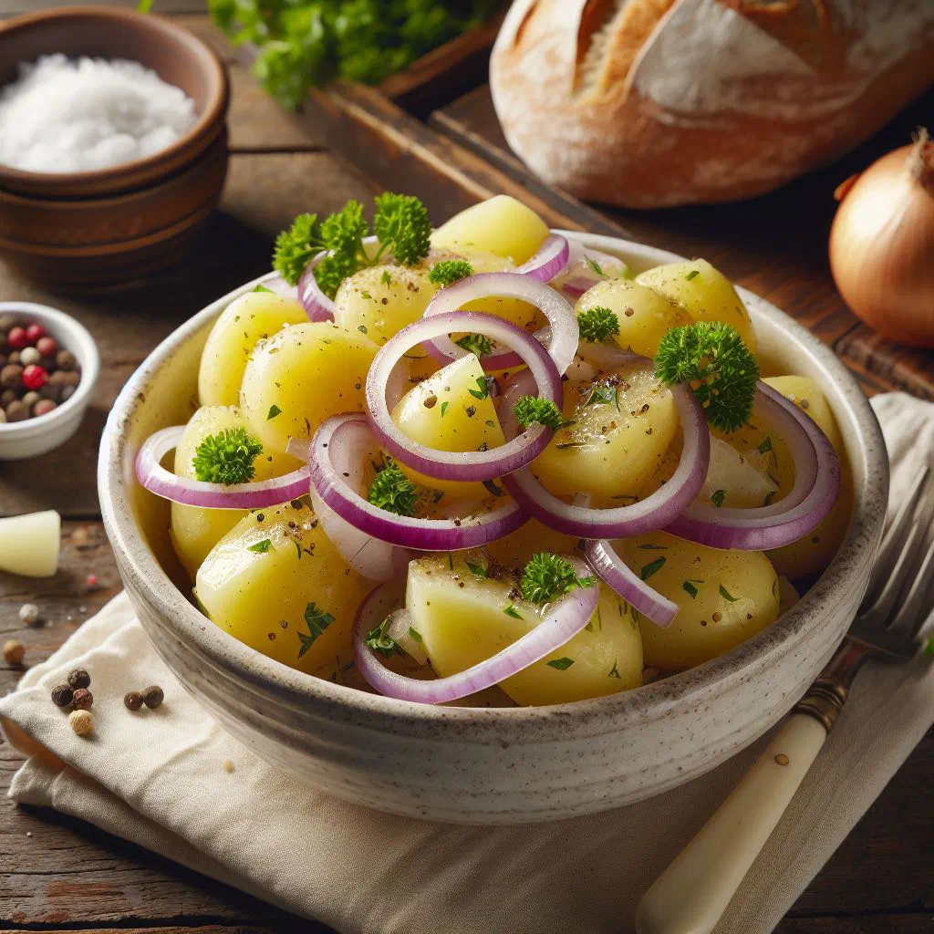 Croatian potato and onion salad dressed with vinegar and olive oil, garnished with parsley
