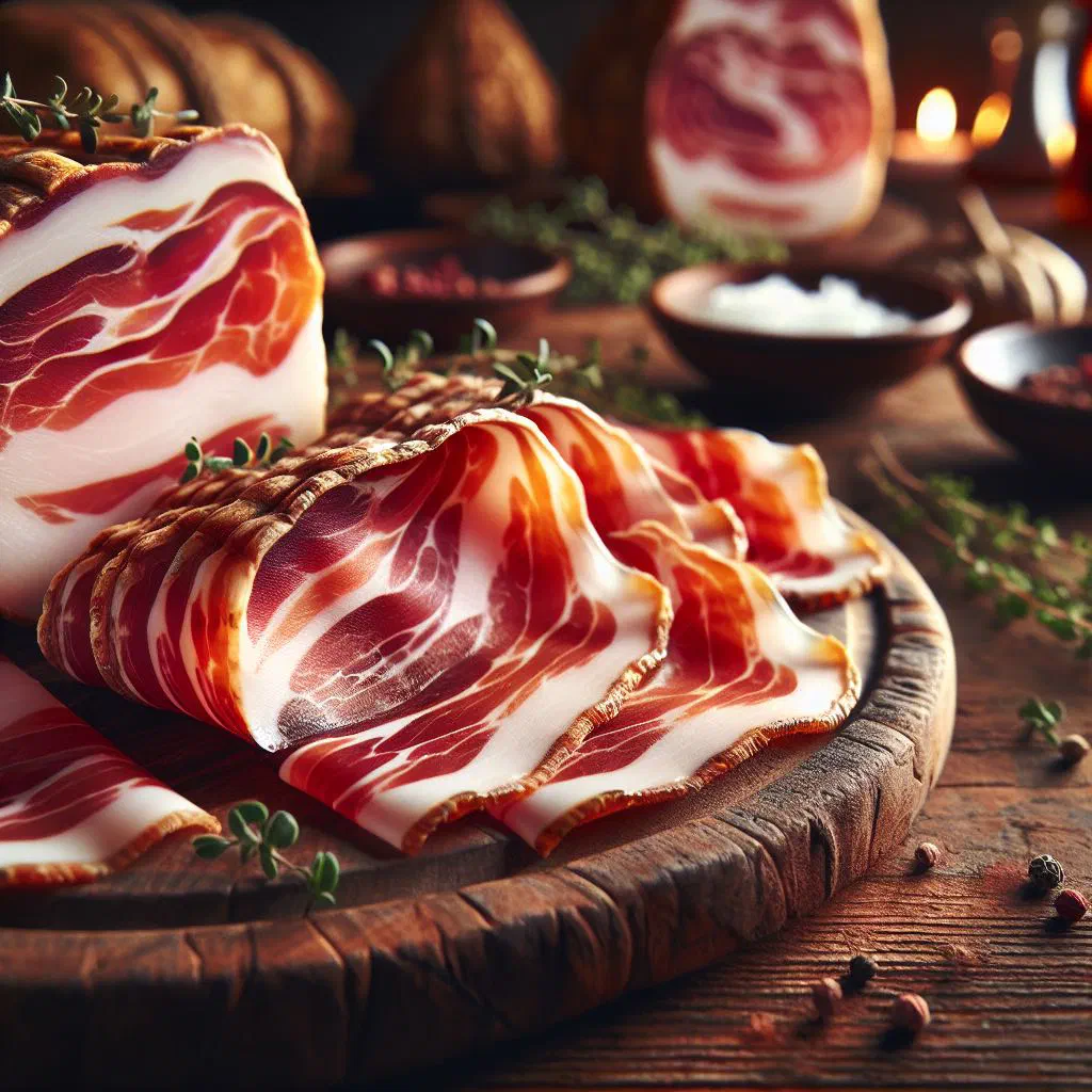 Thin slices of Croatian pršut arranged with cheese and olives on a wooden board