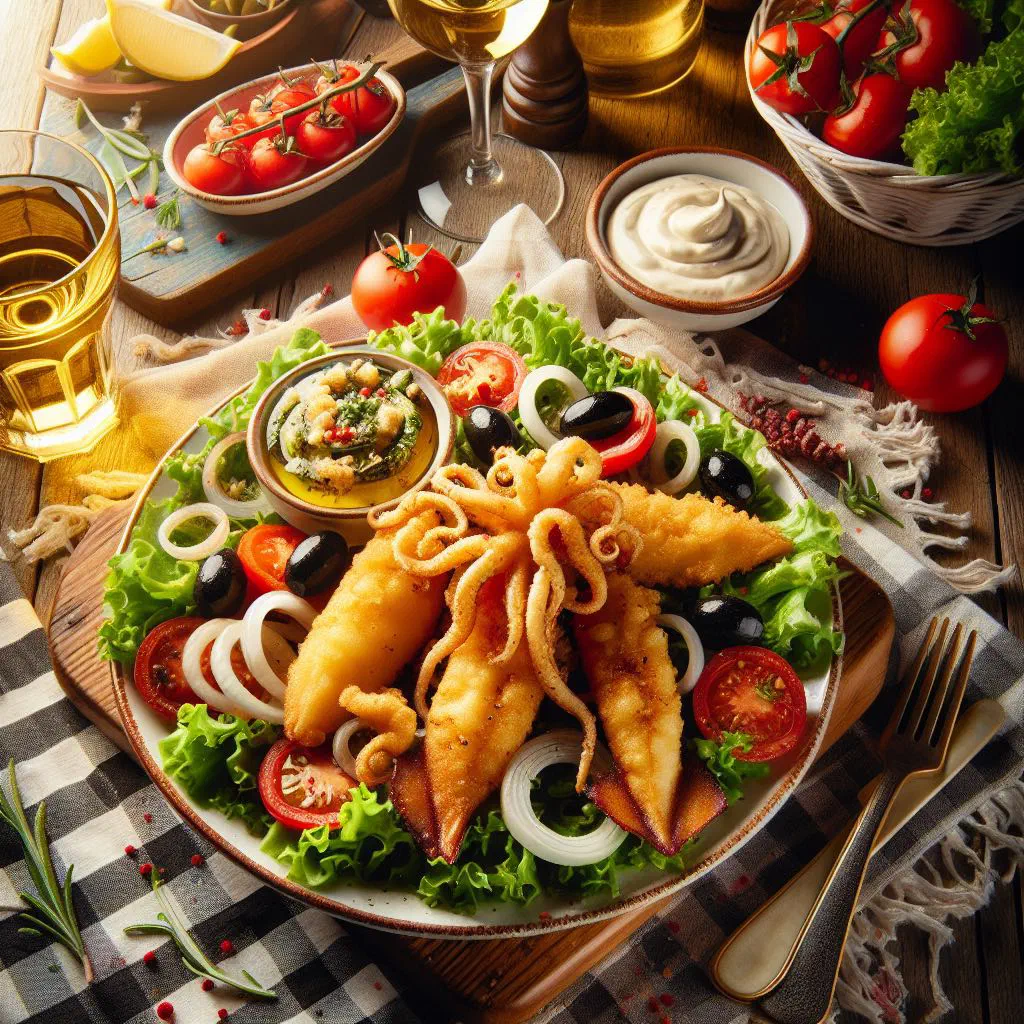 Crispy golden fried calamari rings served with lemon wedges and aioli
