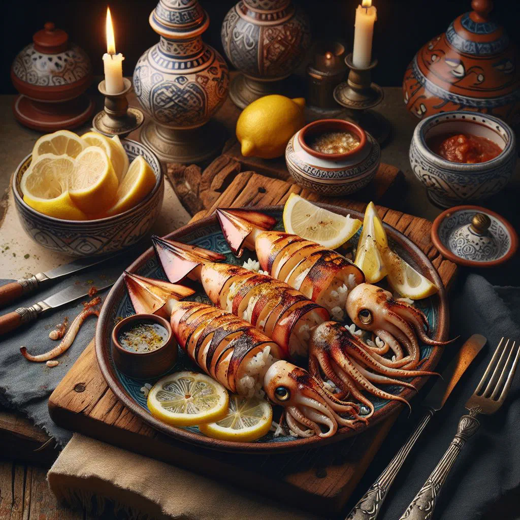 Stuffed squid served with lemon wedges and fresh parsley