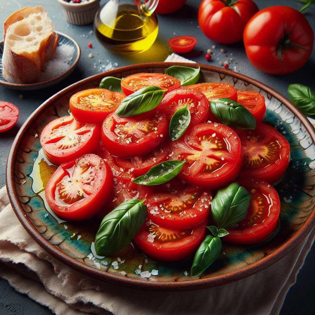 Sliced ripe tomatoes with onion rings, olive oil and fresh herbs