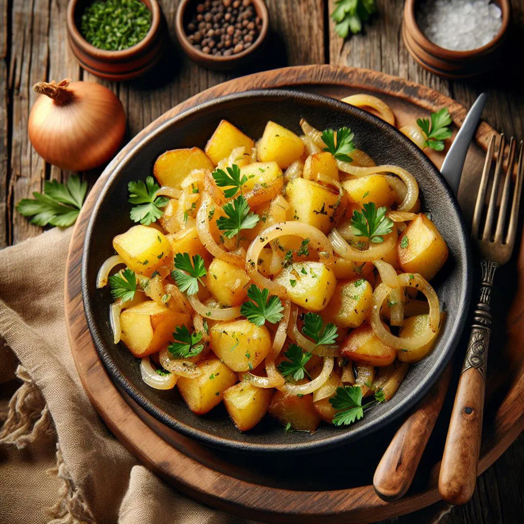 Golden pan-fried Croatian restani krumpir garnished with fresh herbs