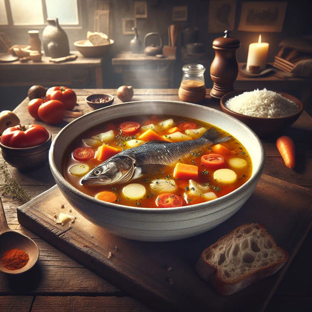 A bowl of Croatian riblja juha fish soup with vegetables and fresh herbs