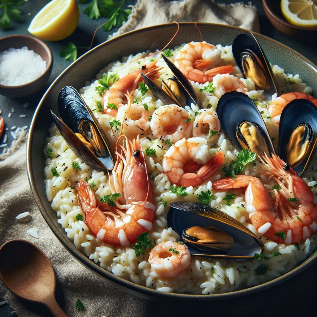 Creamy Croatian seafood risotto with prawns, mussels and squid, garnished with fresh dill