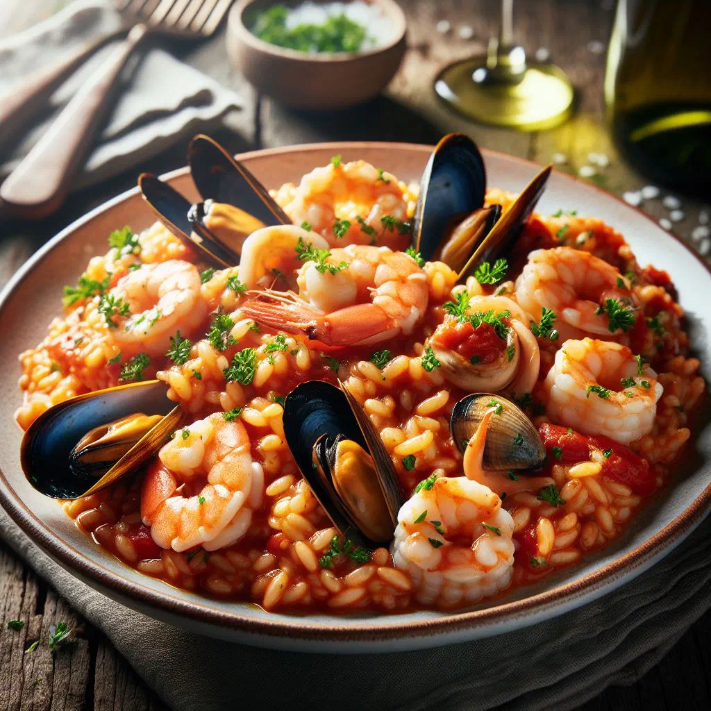 Creamy Croatian seafood risotto with prawns, squid and mussels garnished with parsley and lemon