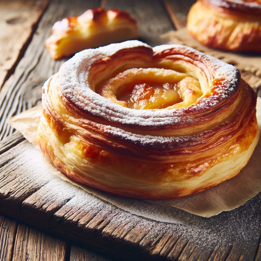 Golden baked Rogačuša pastry sliced to show its cheese filling