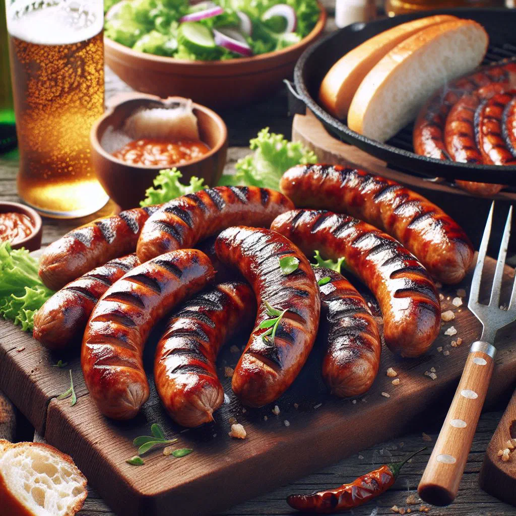 Juicy Croatian grilled sausages served with mustard and fresh bread