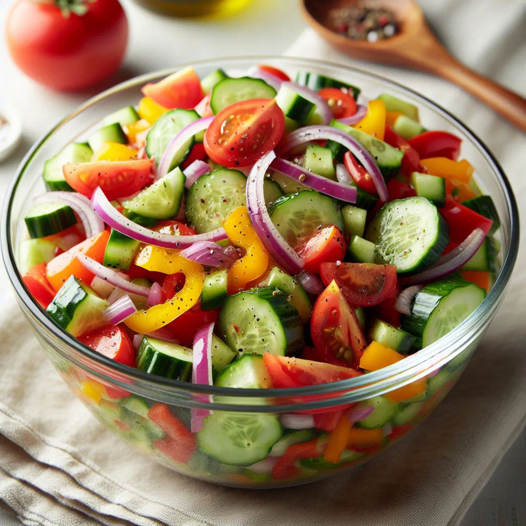 Colourful Croatian mixed vegetable salad dressed with olive oil and herbs