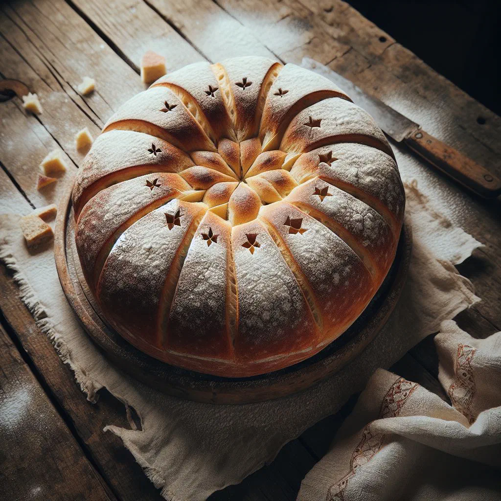 Golden baked Selska Pogača filled pastry on a rustic wooden board