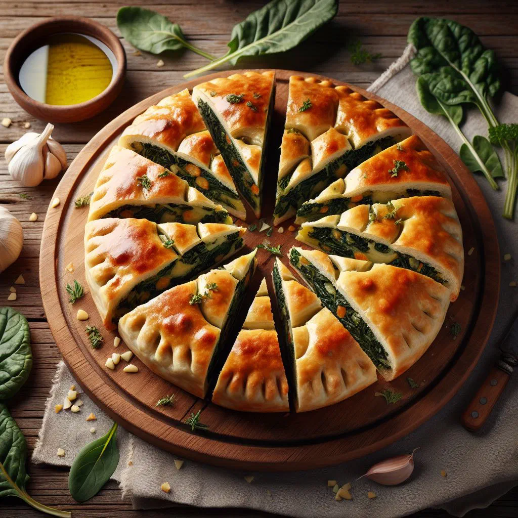 Golden baked Croatian soparnik flatbread filled with Swiss chard
