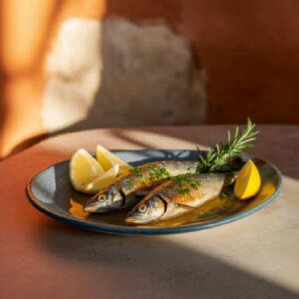 Grilled sardines with fresh herbs and lemon slices on a plate