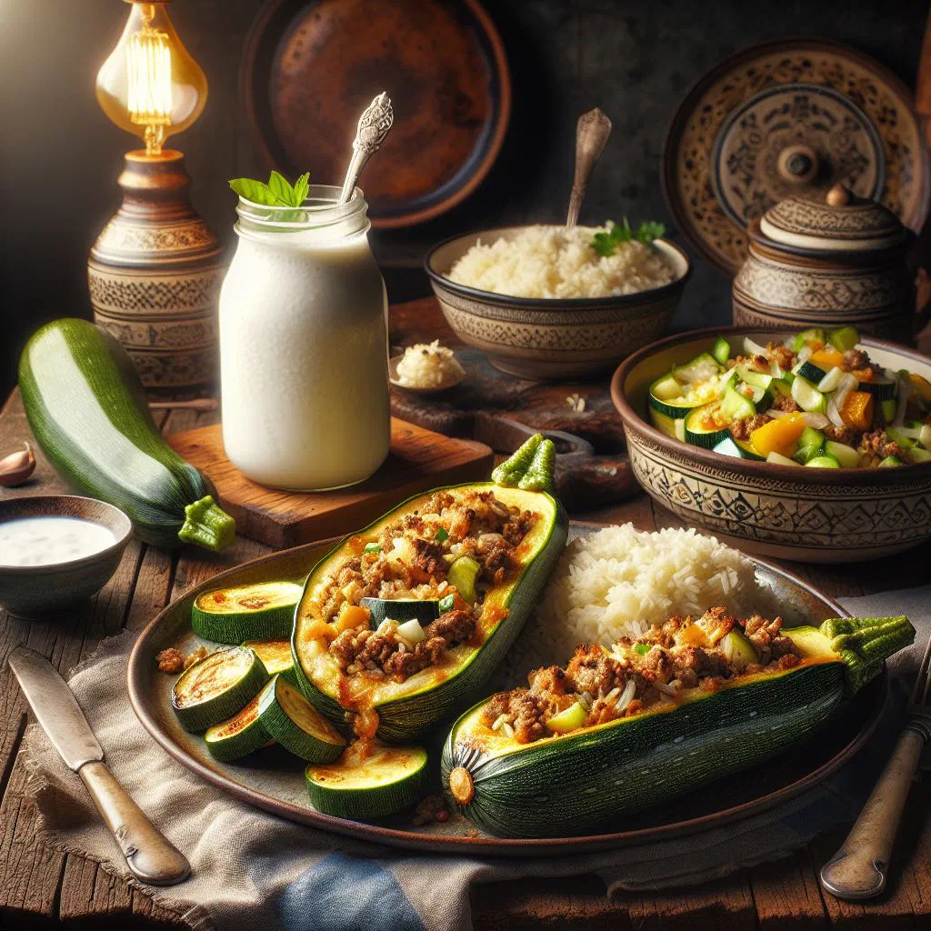 Stuffed courgette halves baked in tomato sauce, garnished with fresh herbs