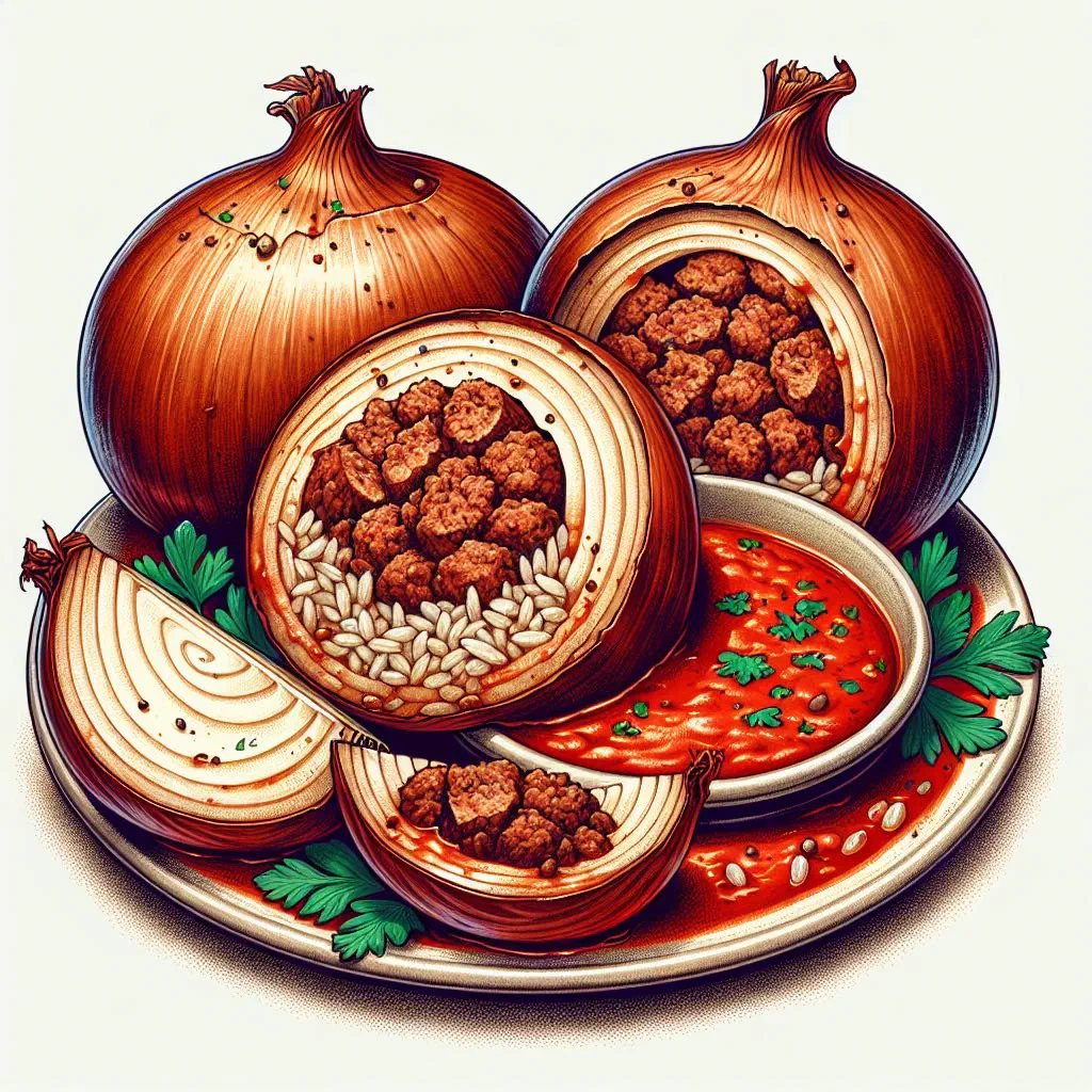 Stuffed onions simmered in broth and garnished with fresh dill