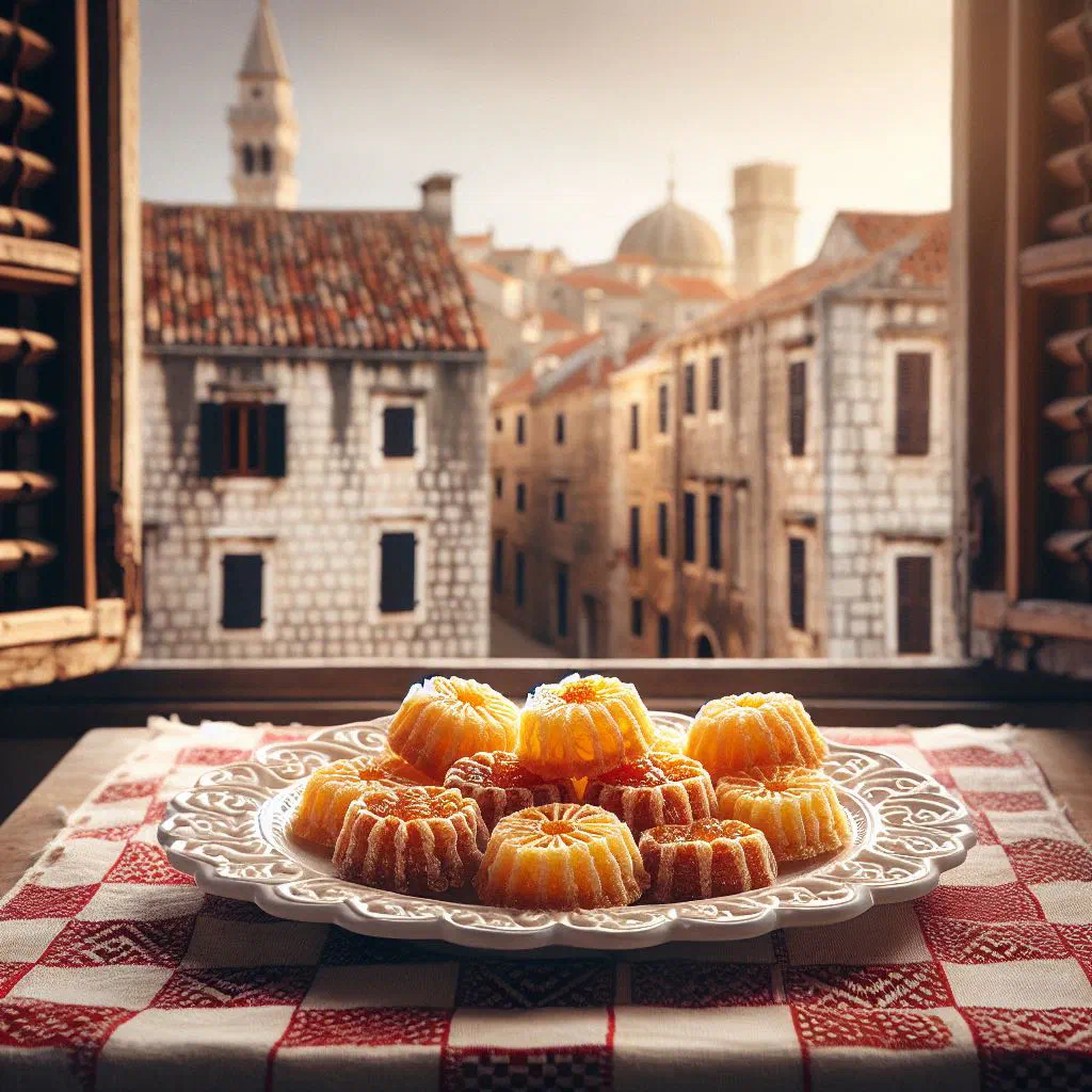 A plate of crisp Croatian Suhi Kolači biscuits dusted with icing sugar