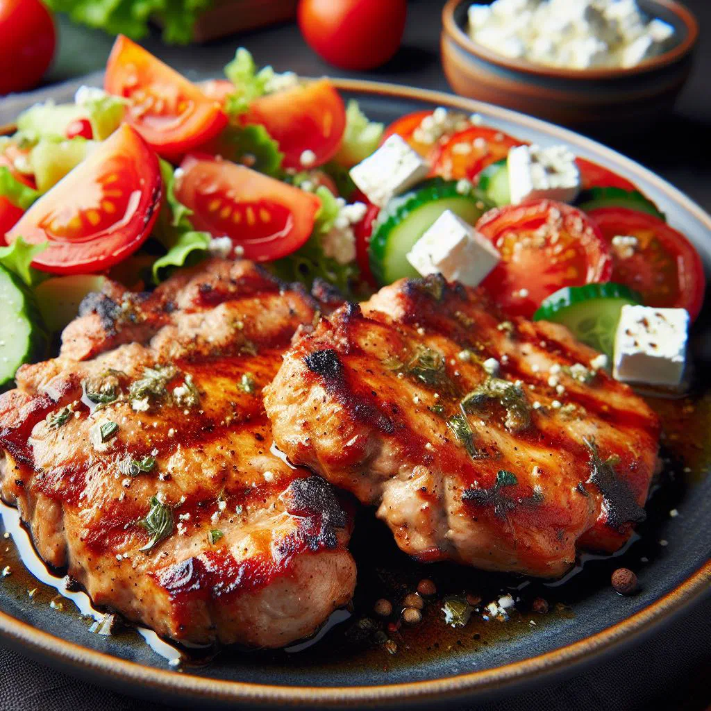 Grilled Croatian pork chops with herbs and lemon on a wooden board