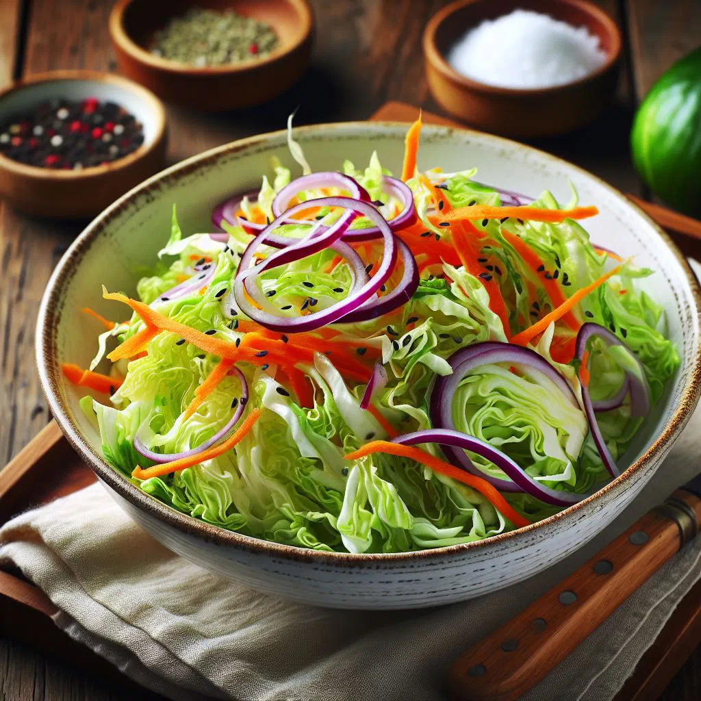Fresh white cabbage salad with onion in a bowl