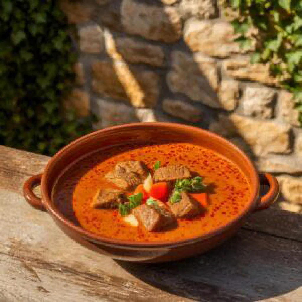 Bowl of hearty Croatian Tarana Juha soup garnished with fresh parsley
