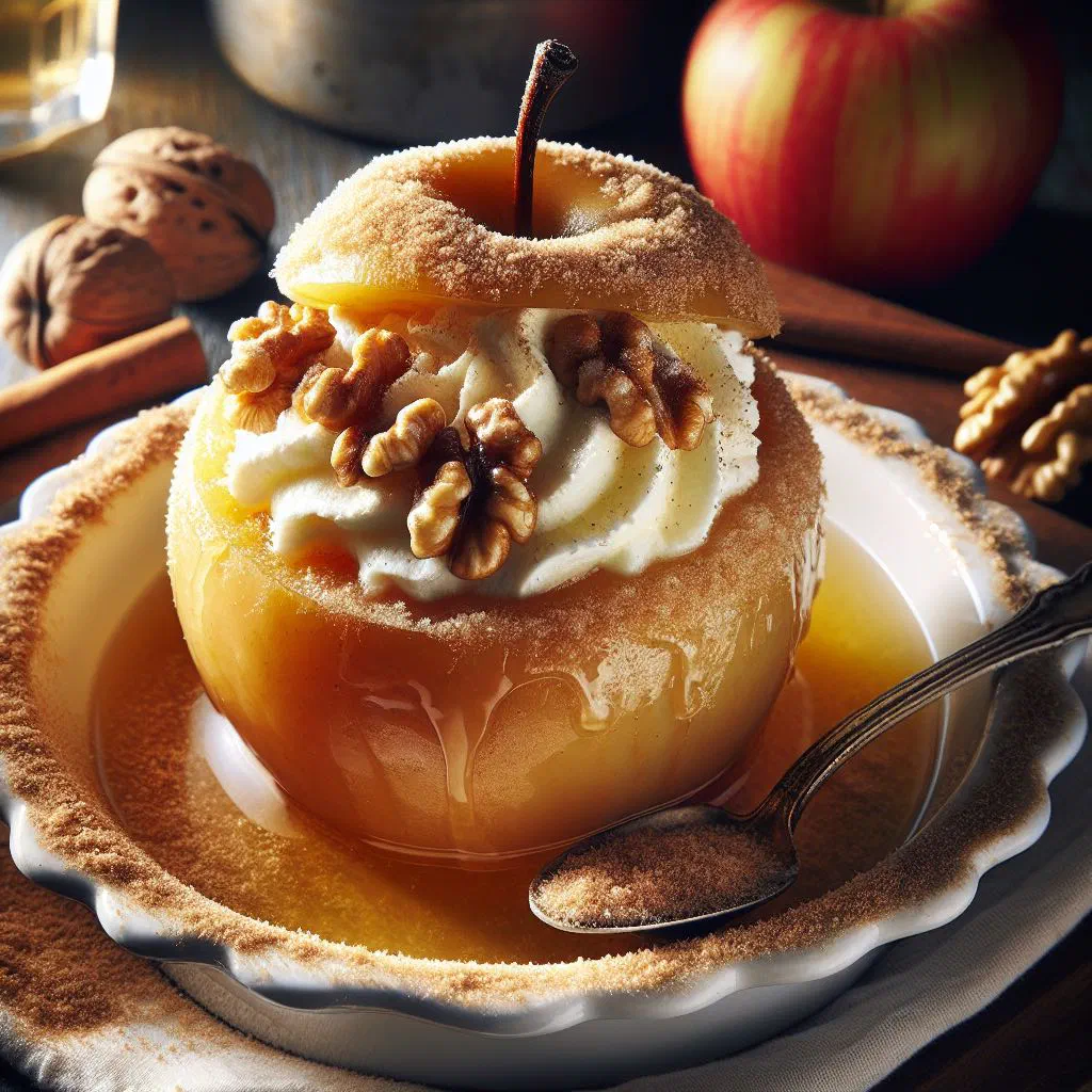 Poached apples filled with spiced walnuts and topped with whipped cream