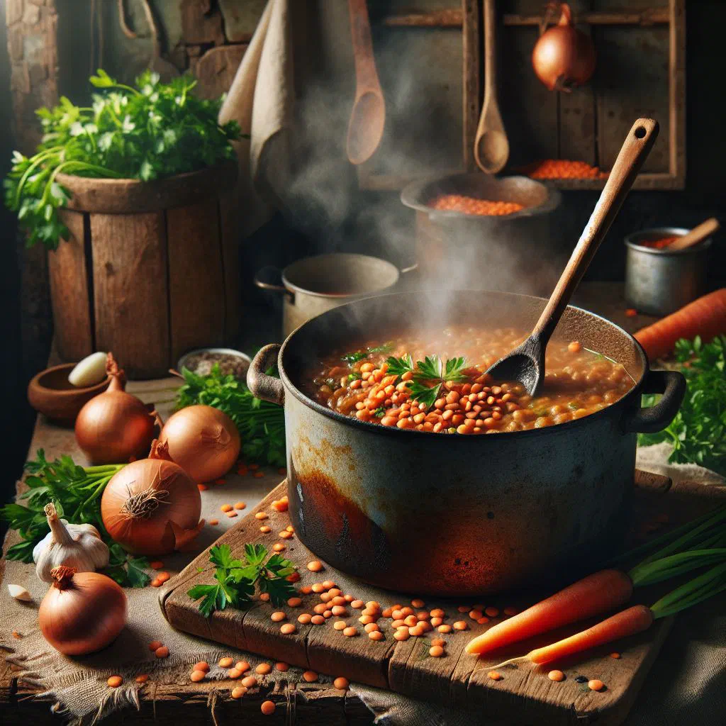 Bowl of Croatian lentil stew garnished with fresh parsley