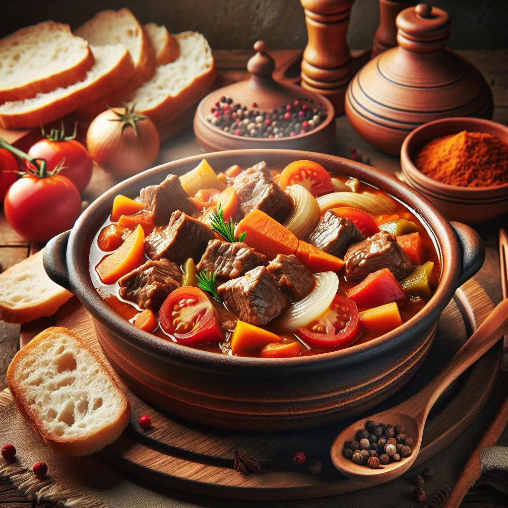 Croatian veal goulash with paprika sauce garnished with fresh parsley