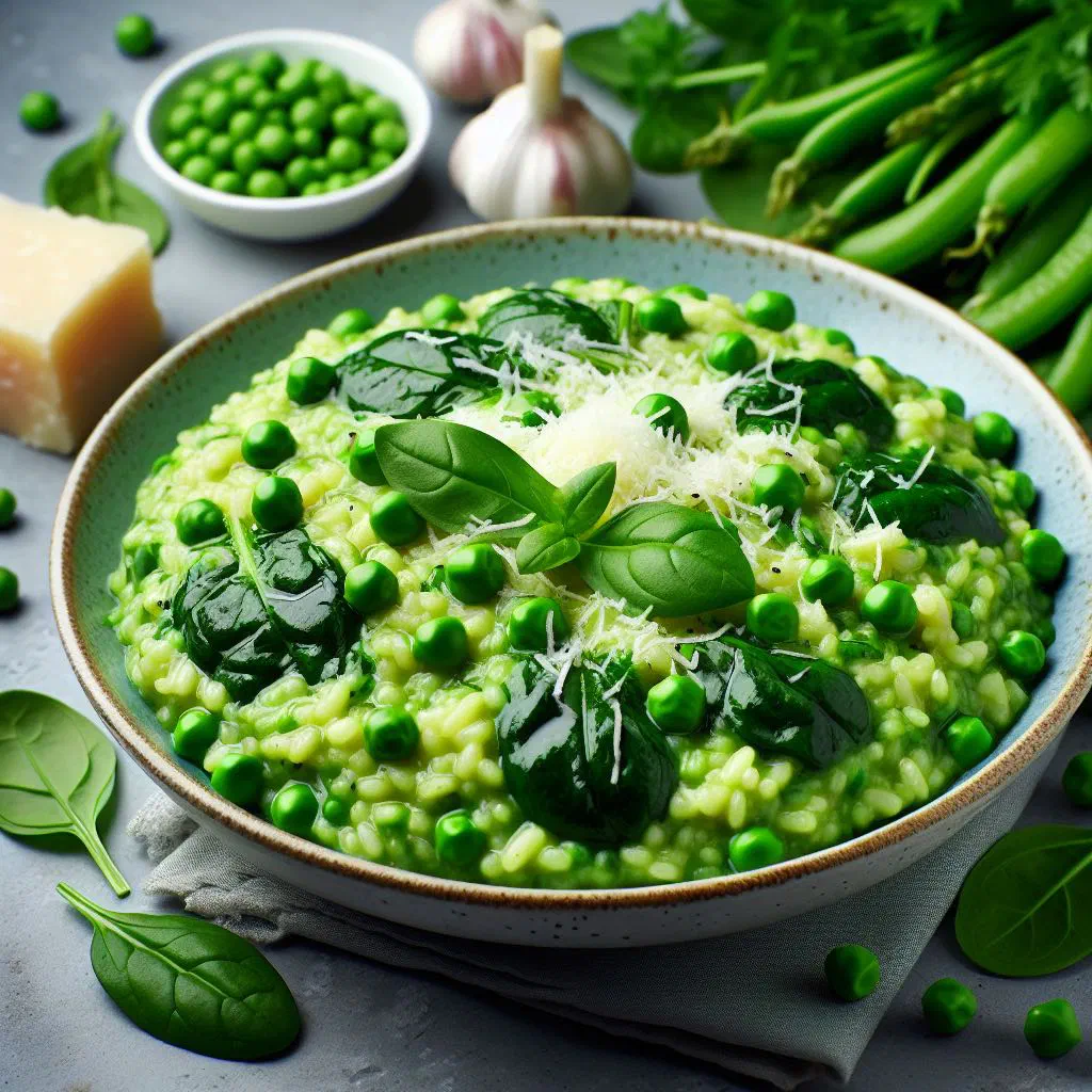 Creamy green herb risotto garnished with parmesan in a deep bowl
